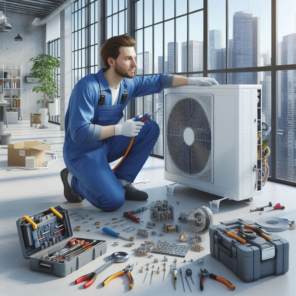 HVAC technician working on AC unit