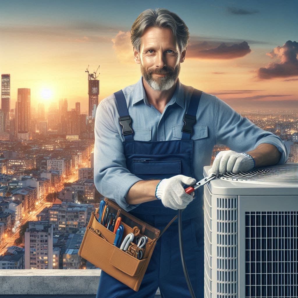 HVAC technician working on rooftop AC unit